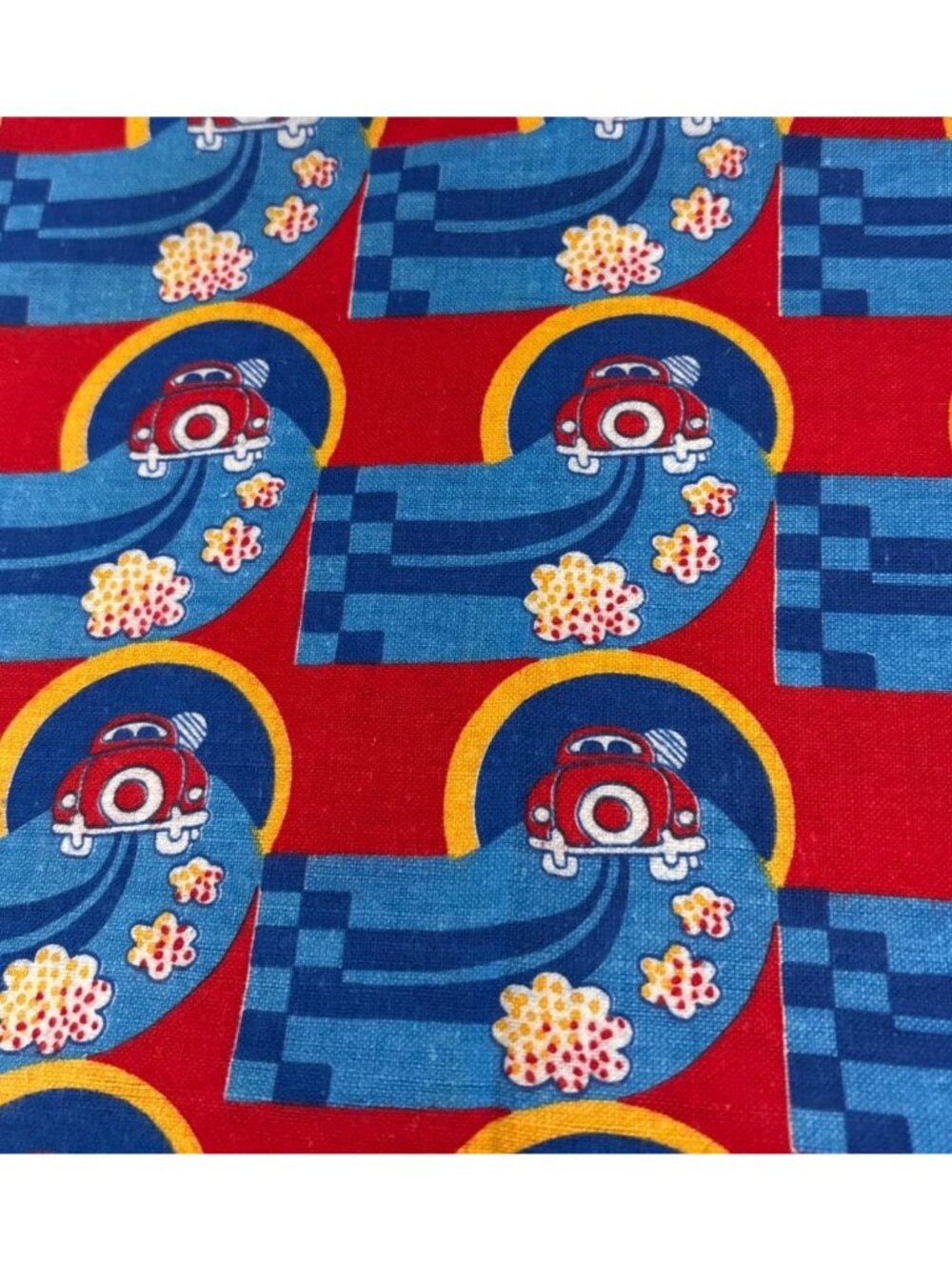 Vintage Car Print Flannel Fabric 1/2 yard x 42" Red & Blue Quilting